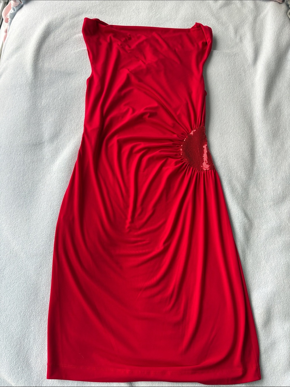 Calvin Klein Red Sleeveless Ruched Side Sequin Midi Dress